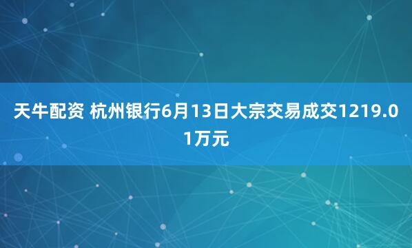 天牛配资 杭州银行6月13日大宗交易成交1219.01万元